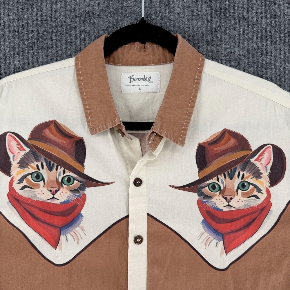 Boozelele Western cowboy cat shirt short sleeve button cropped boxy mens Large